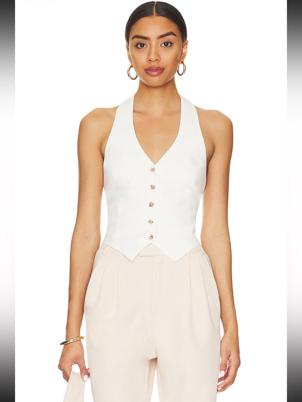 Sleeveless V-Neck Button Front Vest Top - White